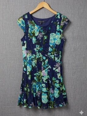 Madison Leigh Blue Floral Lace Fit & Flare Dress Cap Sleeve Cocktail Size 10